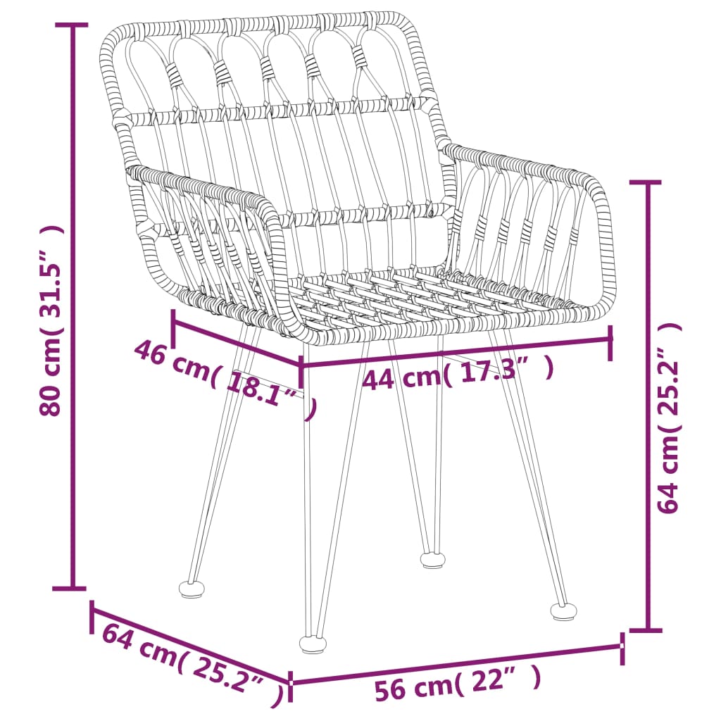 vidaXL Patio Chairs 2 pcs with Armrest 22"x25.2"x31.5" PE Rattan
