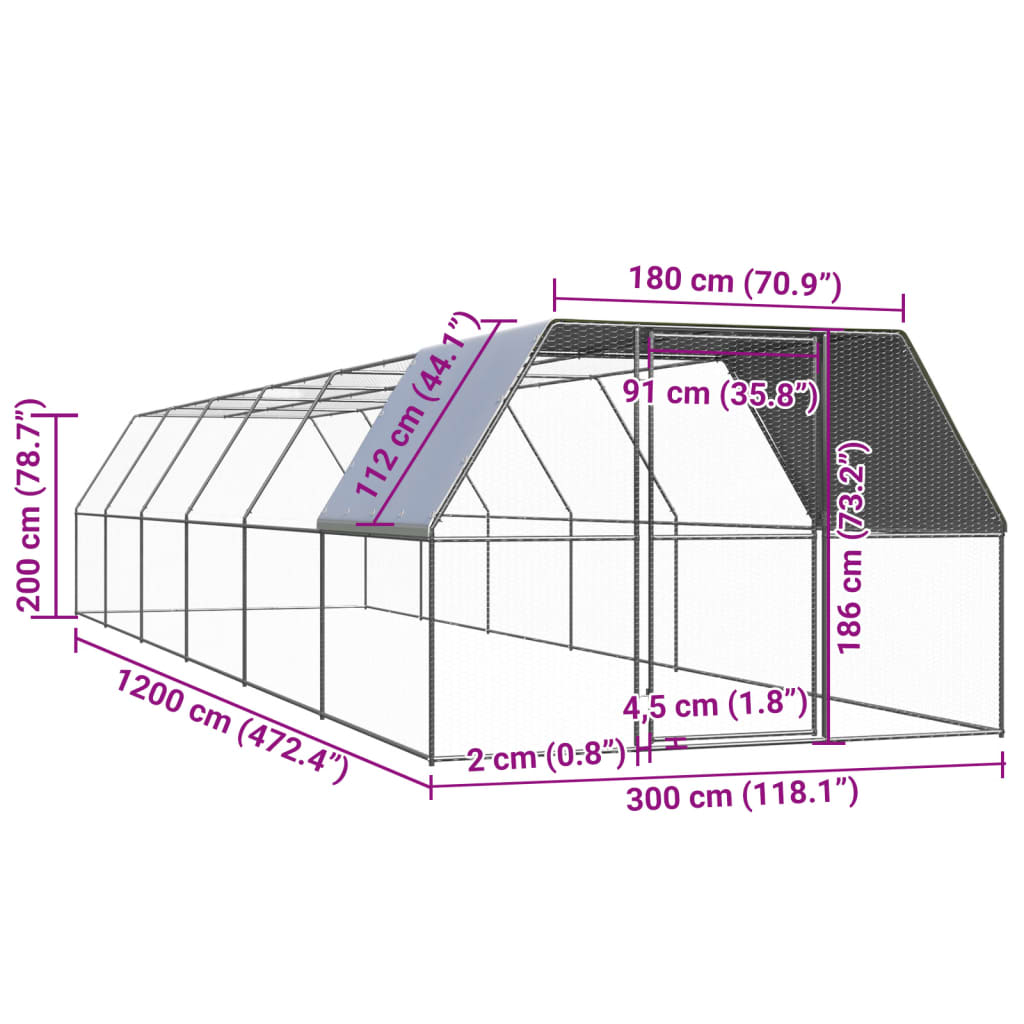 vidaXL Outdoor Chicken Cage 9.8'x39.4'x6.6' Galvanized Steel