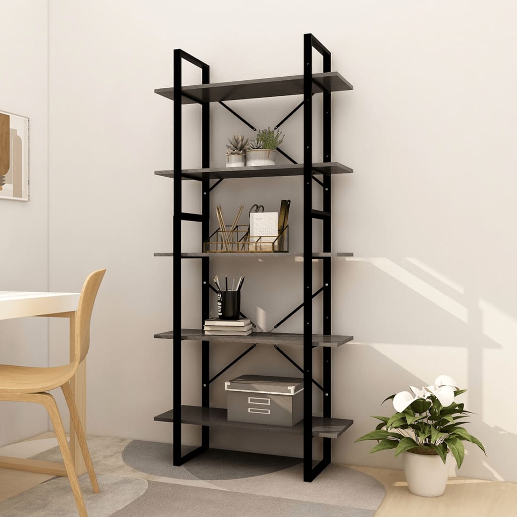 vidaXL 5-Tier Book Cabinet Gray 31.5"x11.8"x68.9" Pinewood