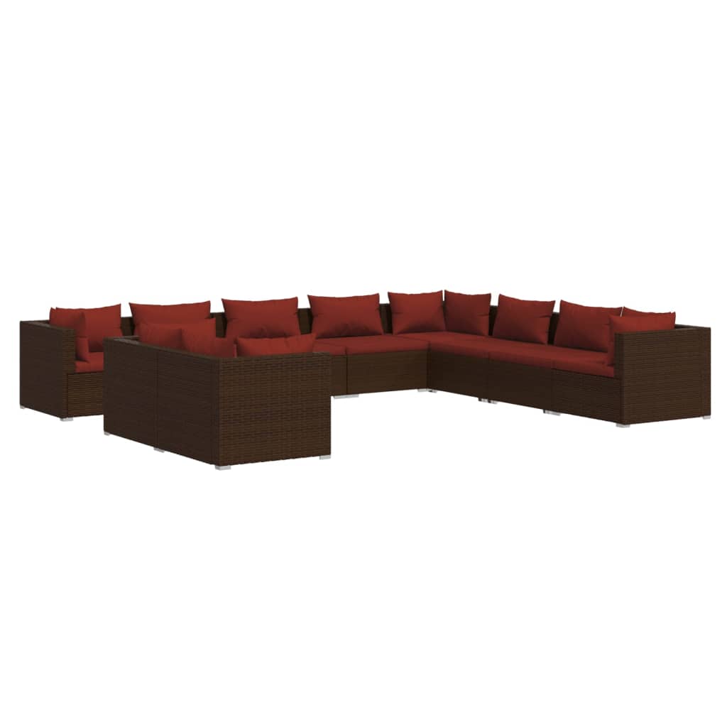 vidaXL 10 Piece Patio Lounge Set with Cushions Brown Poly Rattan