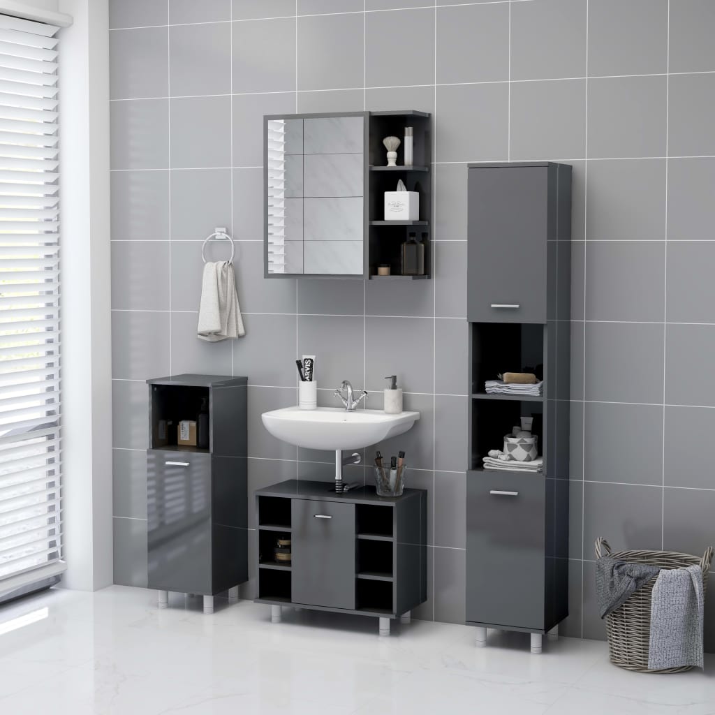 vidaXL Bathroom Mirror Cabinet High Gloss Gray 24.6"x8.1"x25.2" Chipboard
