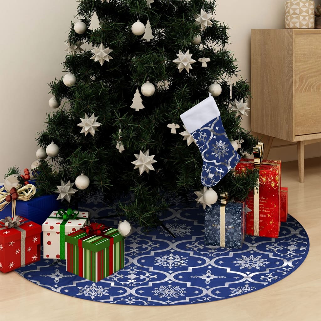 vidaXL Luxury Christmas Tree Skirt with Sock Blue 3 ft Fabric