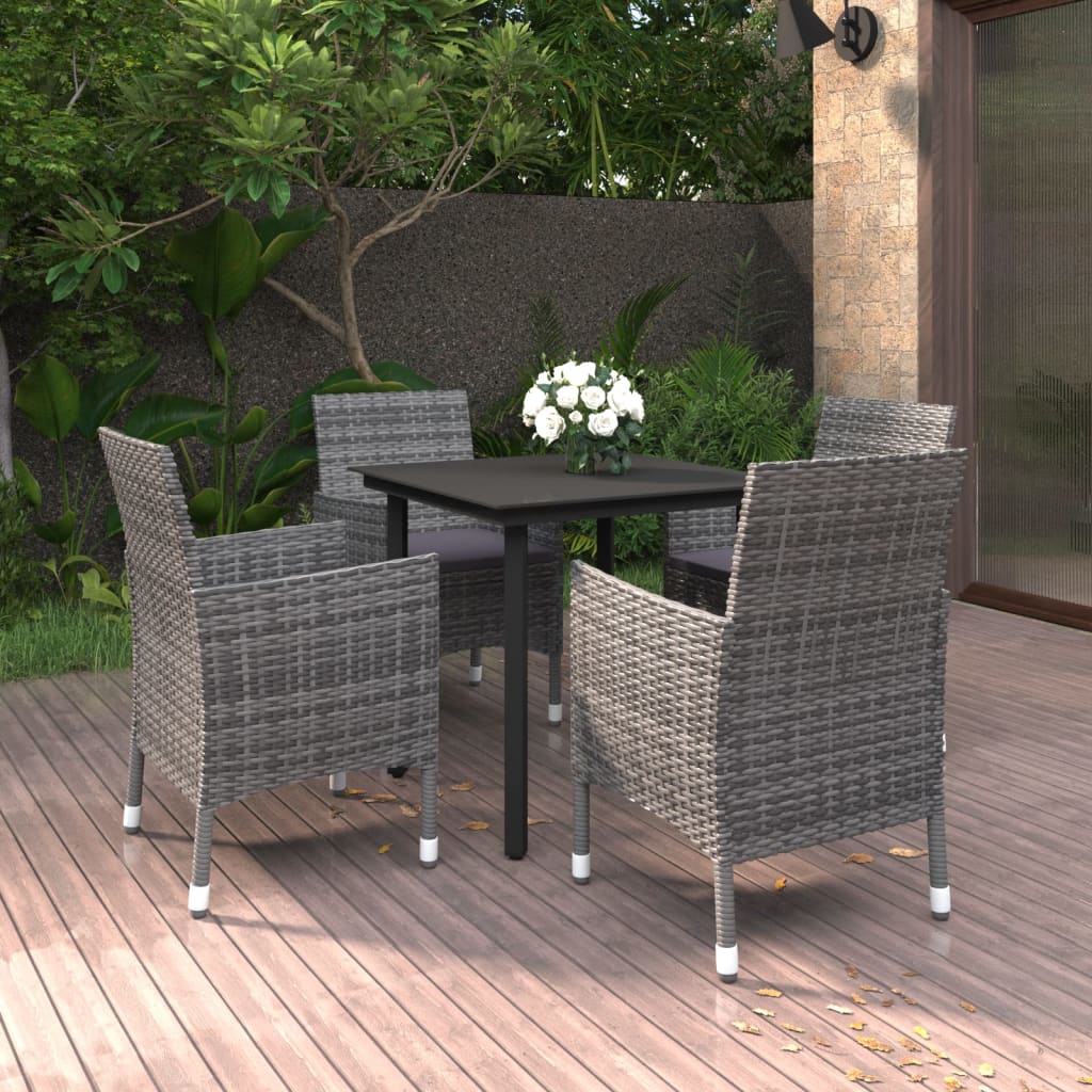 vidaXL 5 Piece Patio Dining Set with Cushions Poly Rattan and Glass