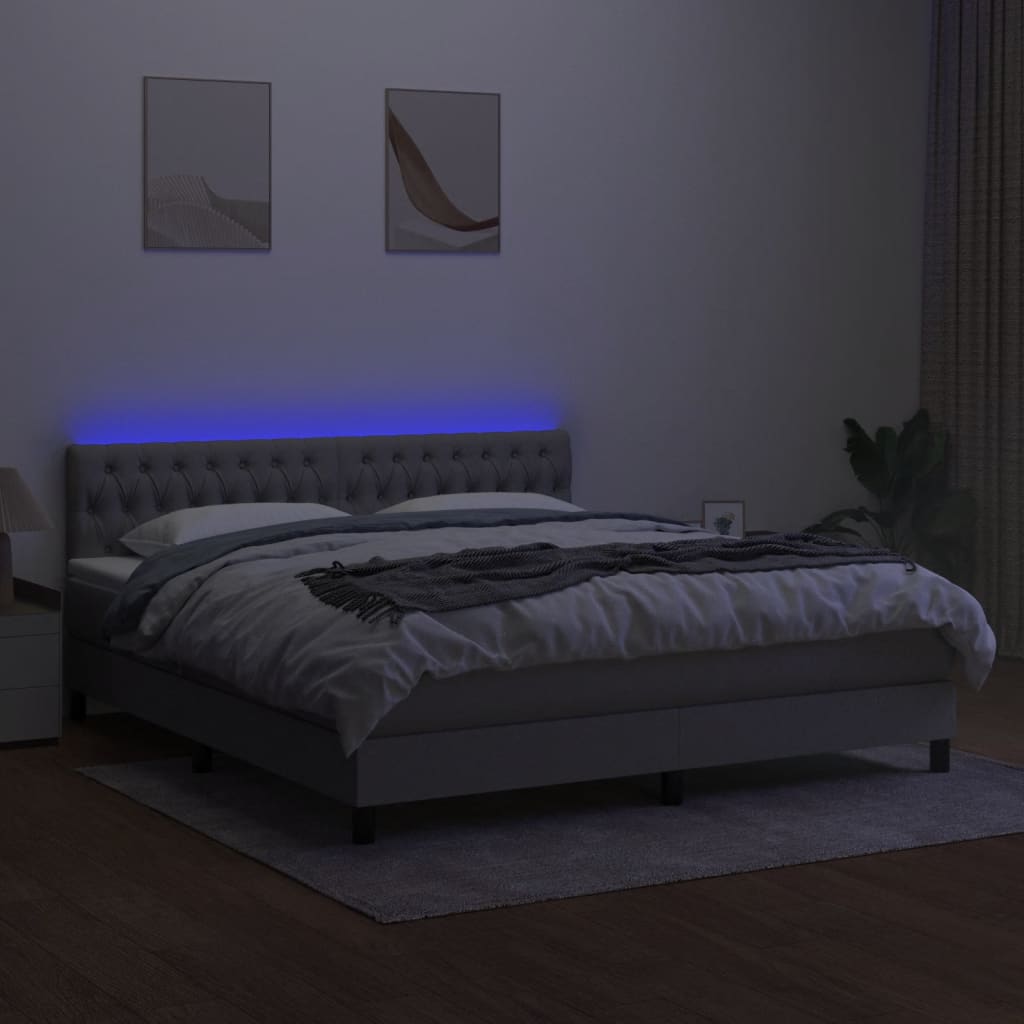 vidaXL Box Spring Bed with Mattress&LED Light Gray 76"x79.9" King Fabric