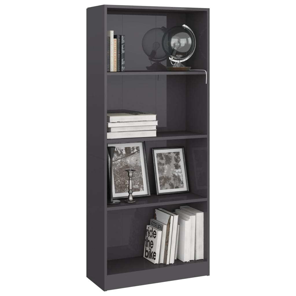 vidaXL 4-Tier Book Cabinet High Gloss Gray 23.6"x9.4"x55.9" Chipboard
