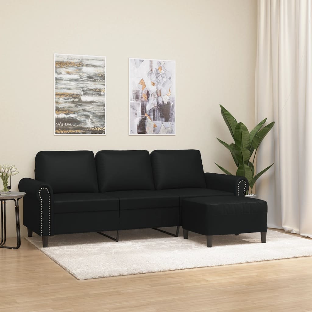 vidaXL 3-Seater Sofa with Footstool Black 70.9" Faux Leather