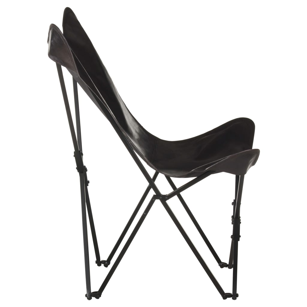 vidaXL Foldable Butterfly Chair Black Real Leather
