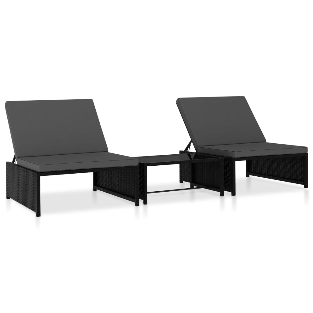 vidaXL Sun Loungers 2 pcs with Table Poly Rattan Black