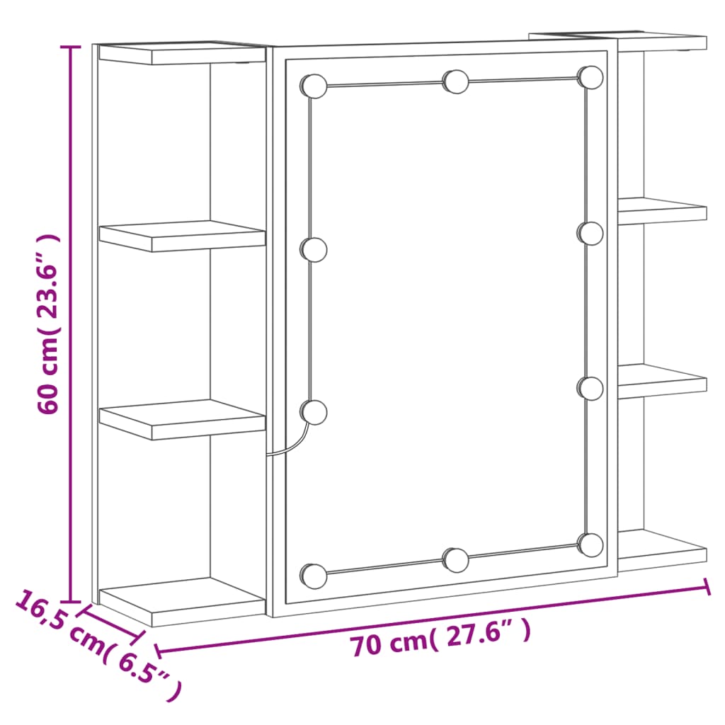 vidaXL Mirror Cabinet with LED Brown Oak 27.6"x6.5"x23.6"