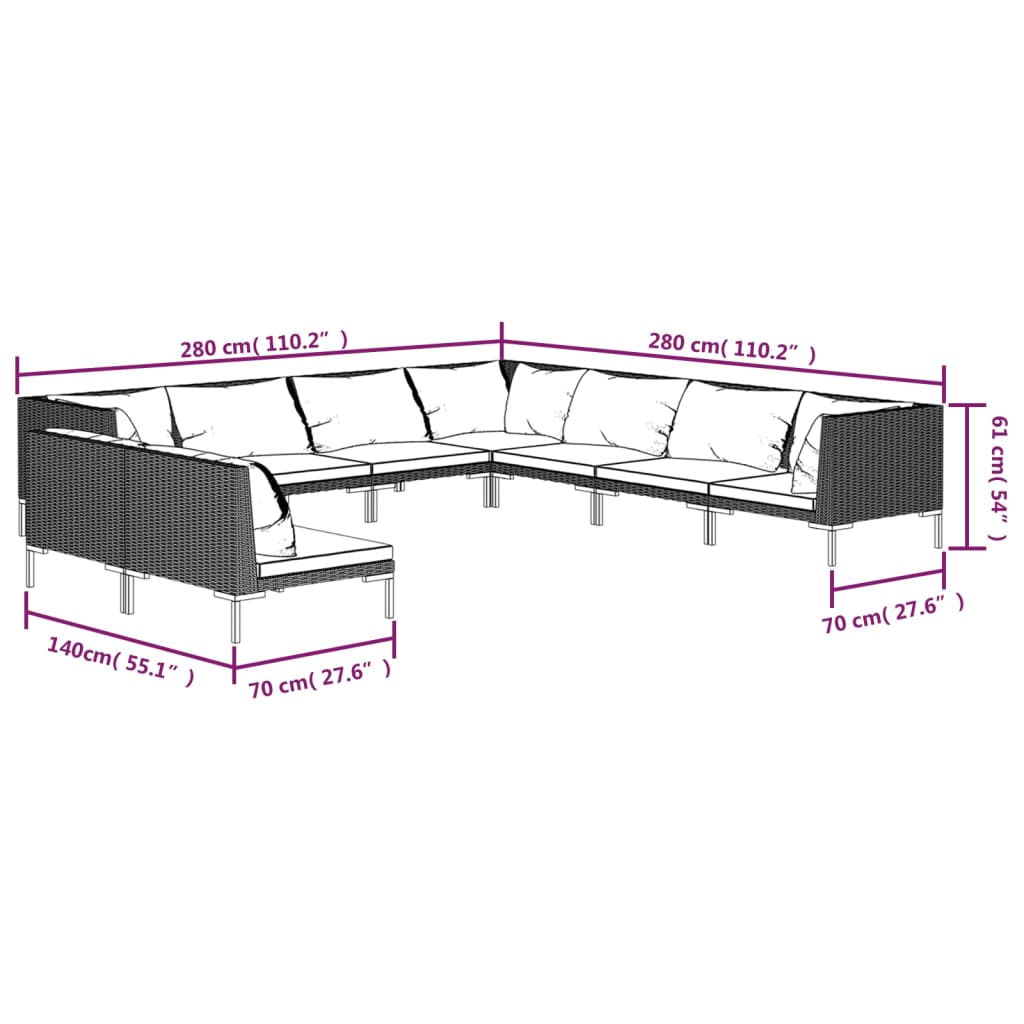 vidaXL 9 Piece Patio Lounge Set with Cushions Poly Rattan Dark Gray