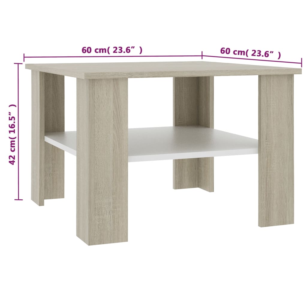 vidaXL Coffee Table White and Sonoma Oak 23.6"x23.6"x16.5" Engineered Wood