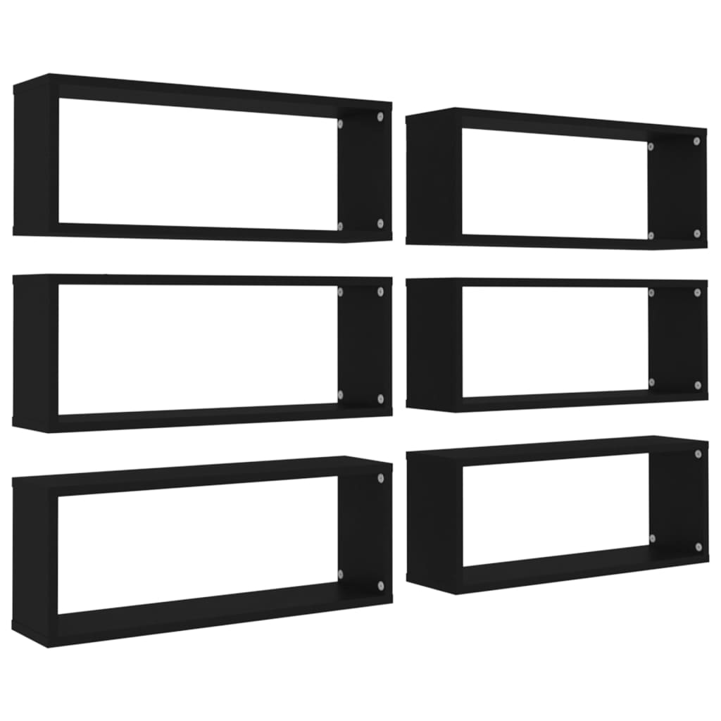 vidaXL Wall Cube Shelves 6 pcs Black 23.6"x5.9"x9.1" Engineered Wood