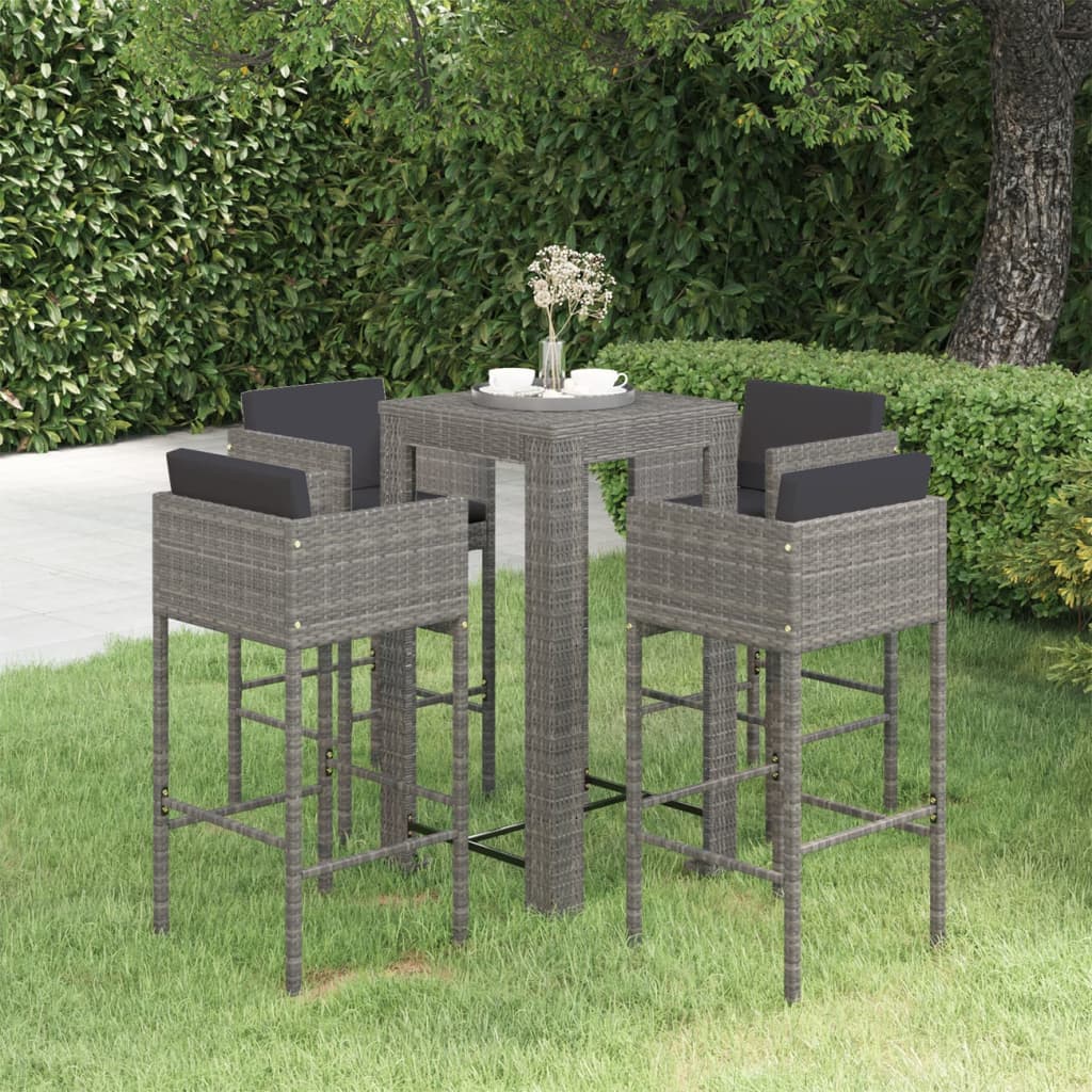 vidaXL 5 Piece Patio Bar Set with Cushions Poly Rattan Gray