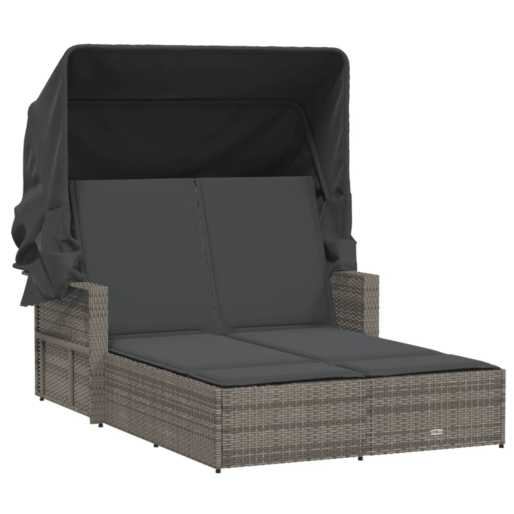 vidaXL Double Sun Lounger with Canopy and Cushions Gray Poly Rattan