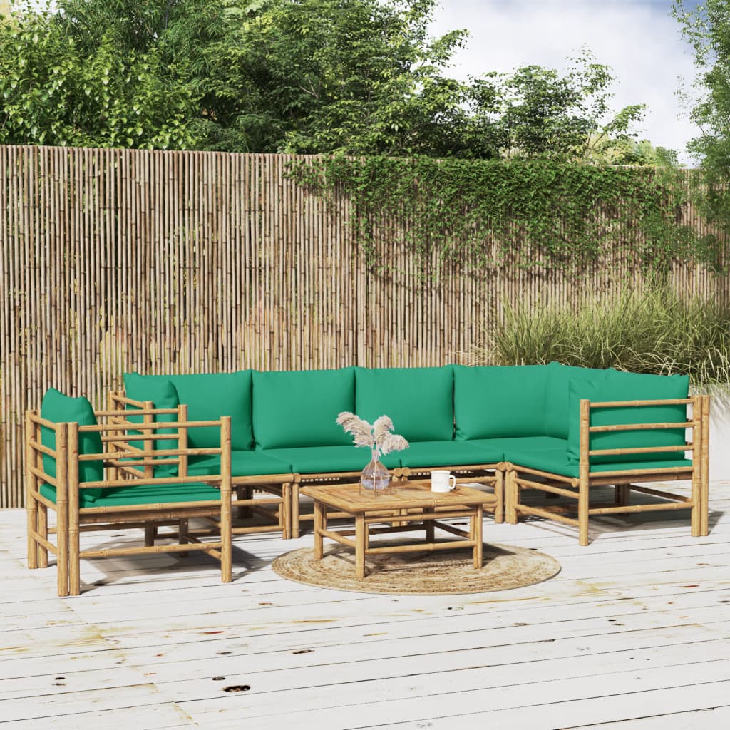 vidaXL 7 Piece Patio Lounge Set with Green Cushions Bamboo