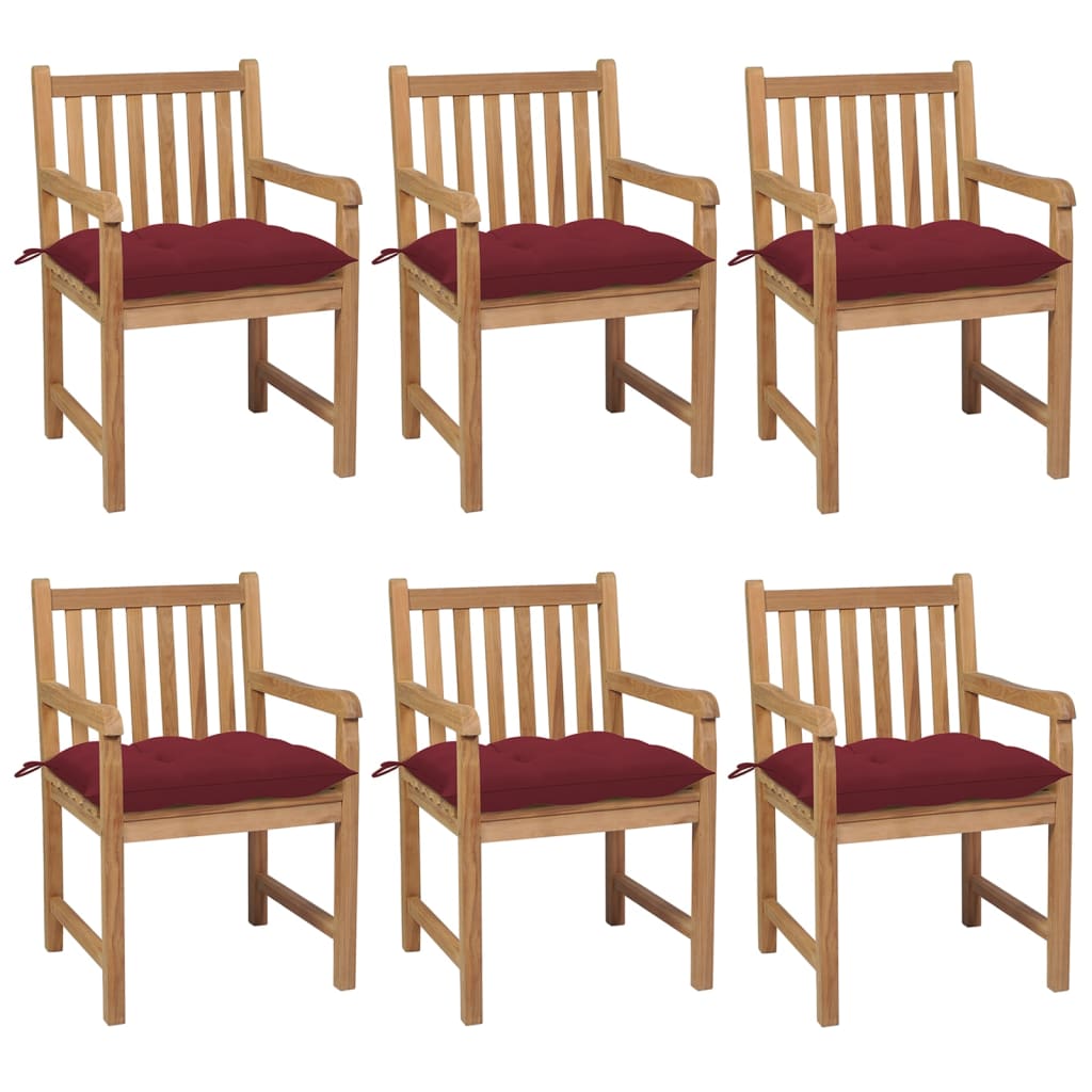 vidaXL Patio Chairs 6 pcs with Wine Red Cushions Solid Teak Wood
