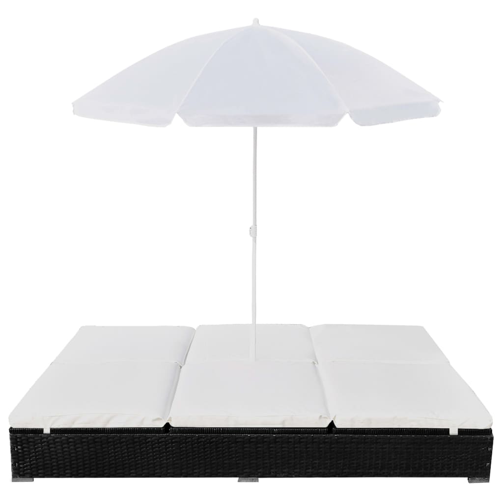 vidaXL Patio Lounge Bed with Umbrella Poly Rattan Black
