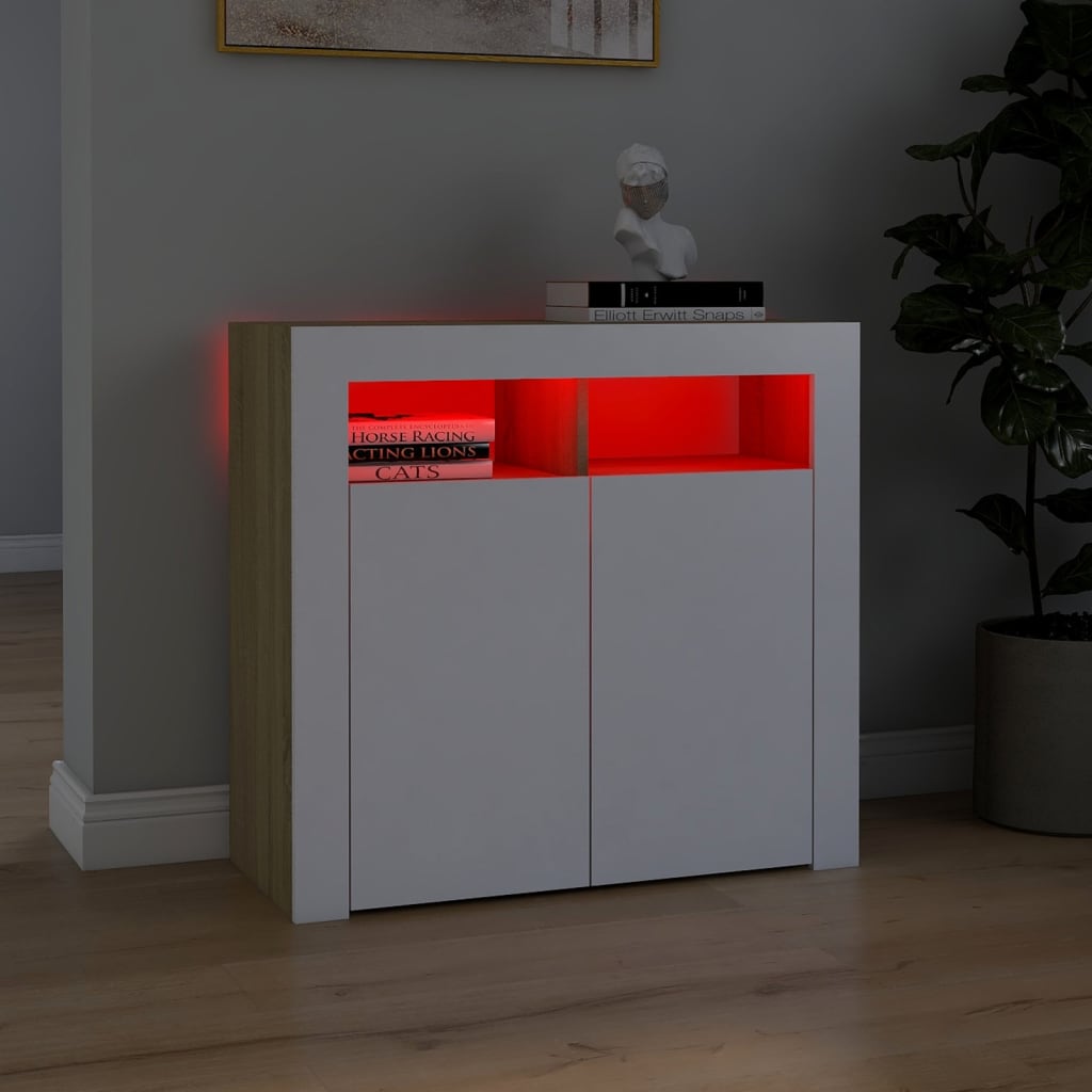 vidaXL Sideboard with LED Lights White and Sonoma Oak 31.5"x14"x30"