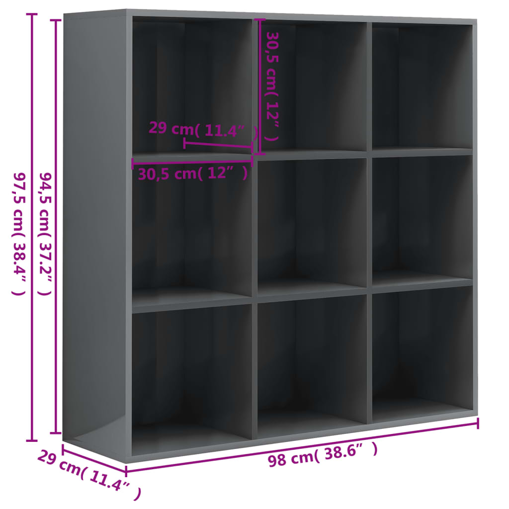 vidaXL Book Cabinet High Gloss Gray 38.6"x11.8"x38.6" Engineered Wood