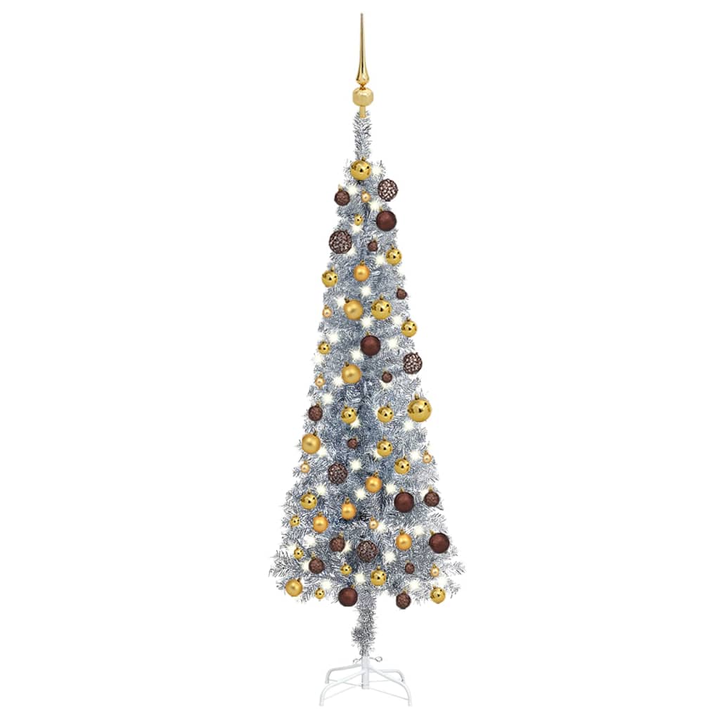 vidaXL Slim Pre-lit Christmas Tree with Ball Set Silver 47.2"