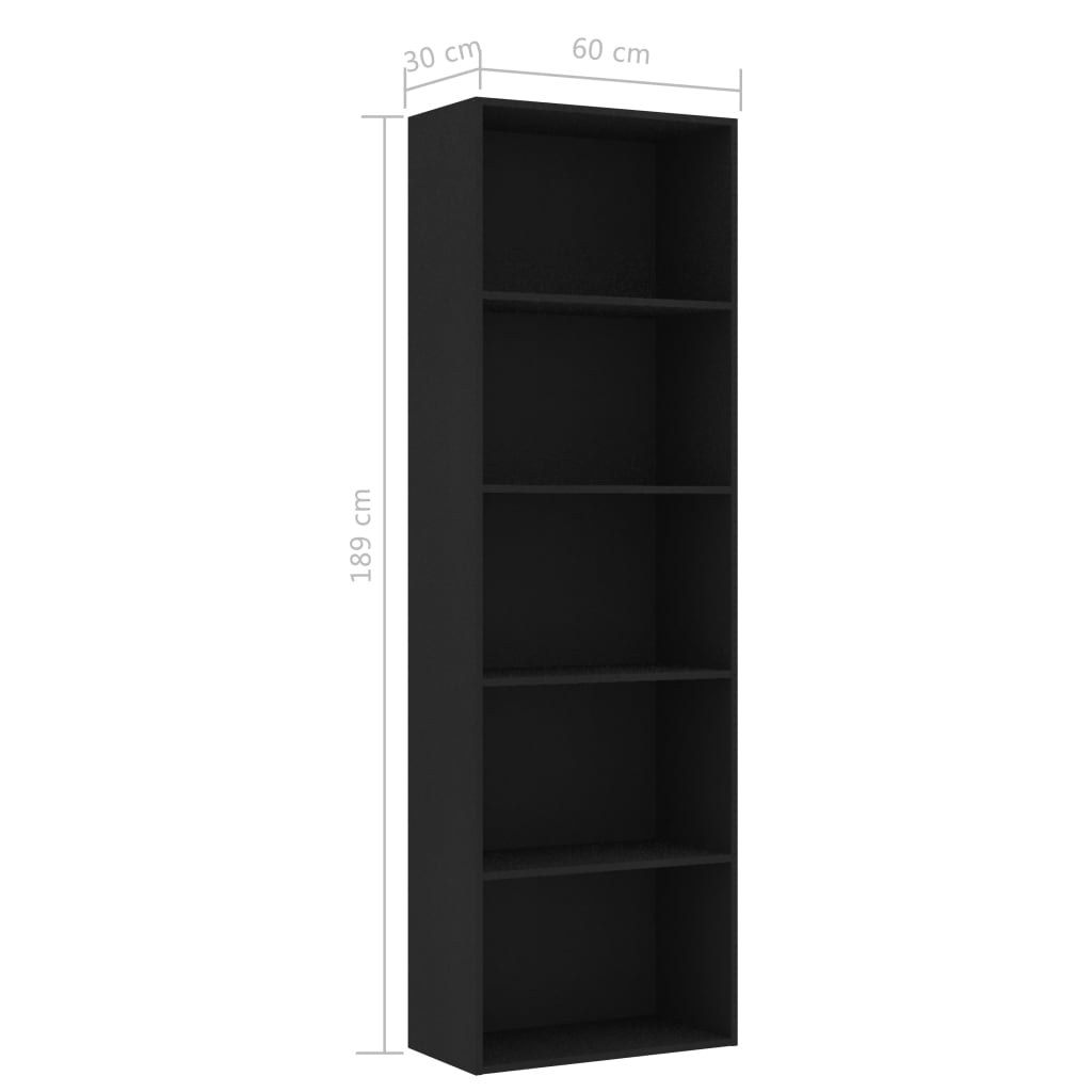 vidaXL 5-Tier Book Cabinet Black 23.6"x11.8"x74.4" Chipboard