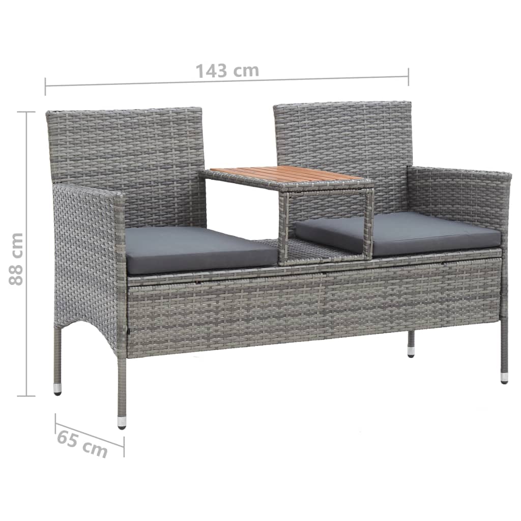 vidaXL 2-Seater Patio Bench with Tea Table 56.3" Poly Rattan Gray