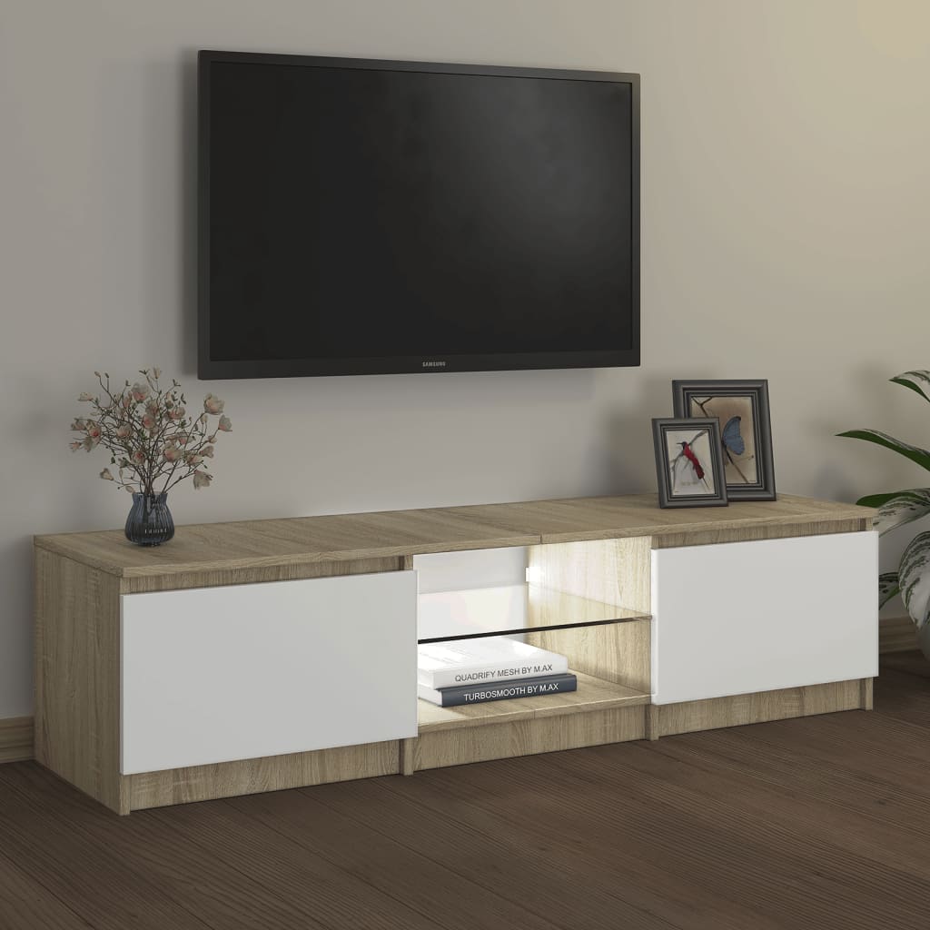 vidaXL TV Stand with LED Lights White and Sonoma Oak 55.1"x15.7"x14"