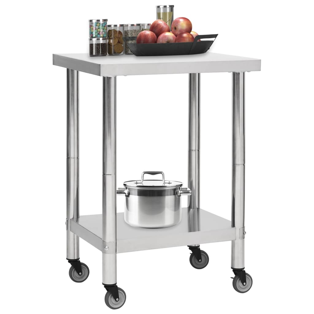 vidaXL Kitchen Work Table with Wheels 23.6"x17.7"x33.5" Stainless Steel