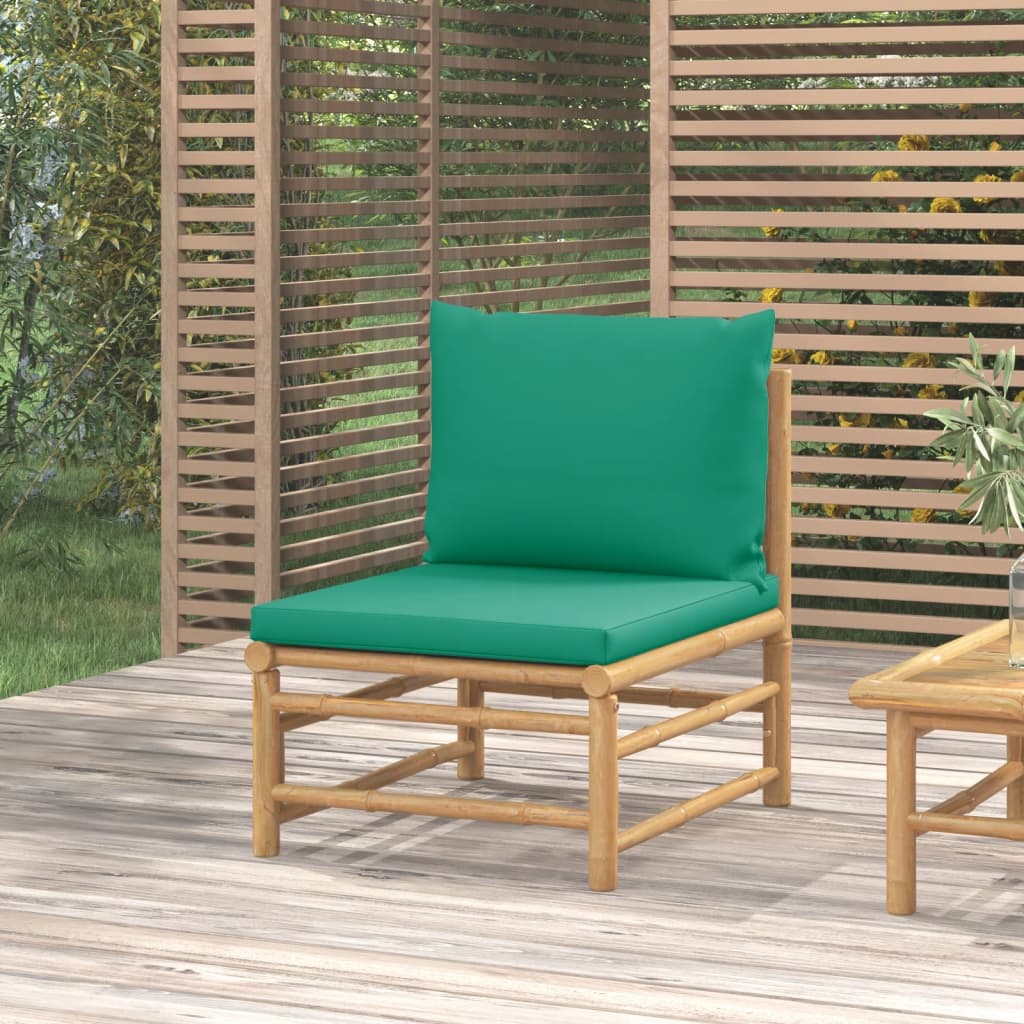 vidaXL Patio Middle Sofa with Green Cushions Bamboo