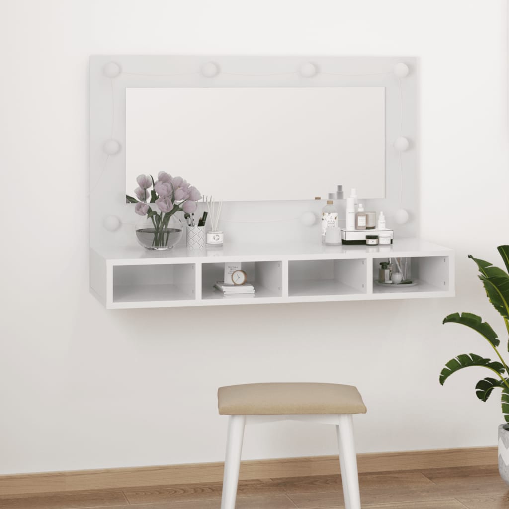 vidaXL Mirror Cabinet with LED High Gloss White 35.4"x12.4"x24.4"