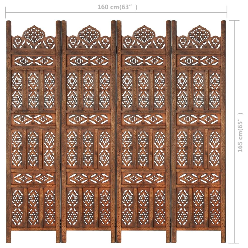 vidaXL Hand carved 4-Panel Room Divider Brown 63"x65" Solid Mango Wood