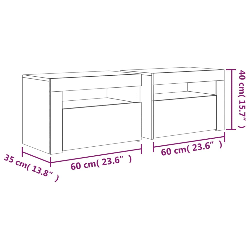 vidaXL Bedside Cabinets 2 pcs with LEDs White 23.6"x13.8"x15.7"