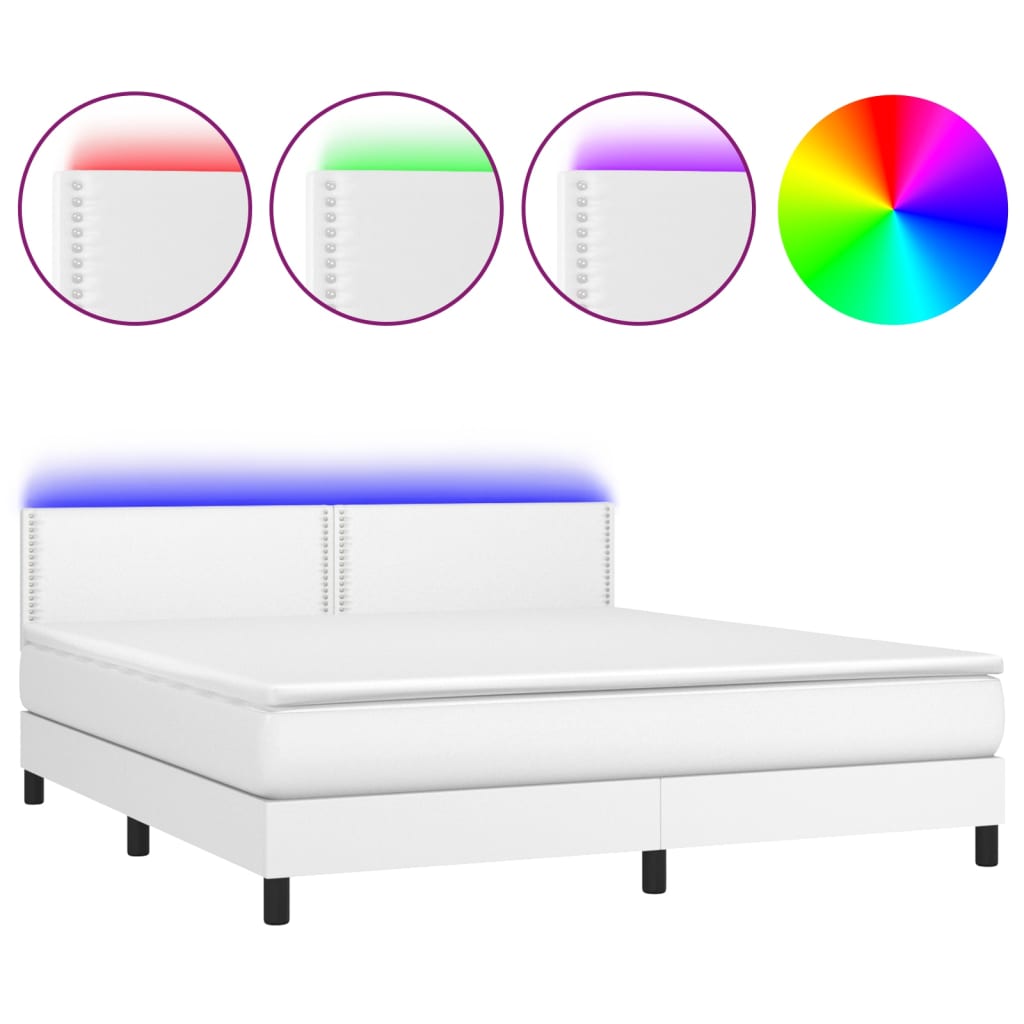 vidaXL Box Spring Bed with Mattress&LED White California King Faux Leather