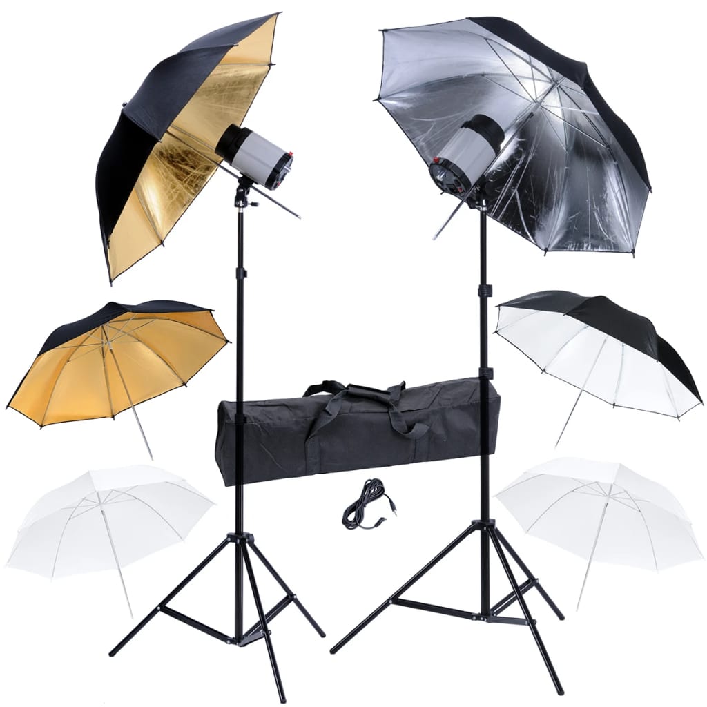 Studio Set: 2 Flash Lights 120 W/s with 2 Tripods & 6 Umbrellas