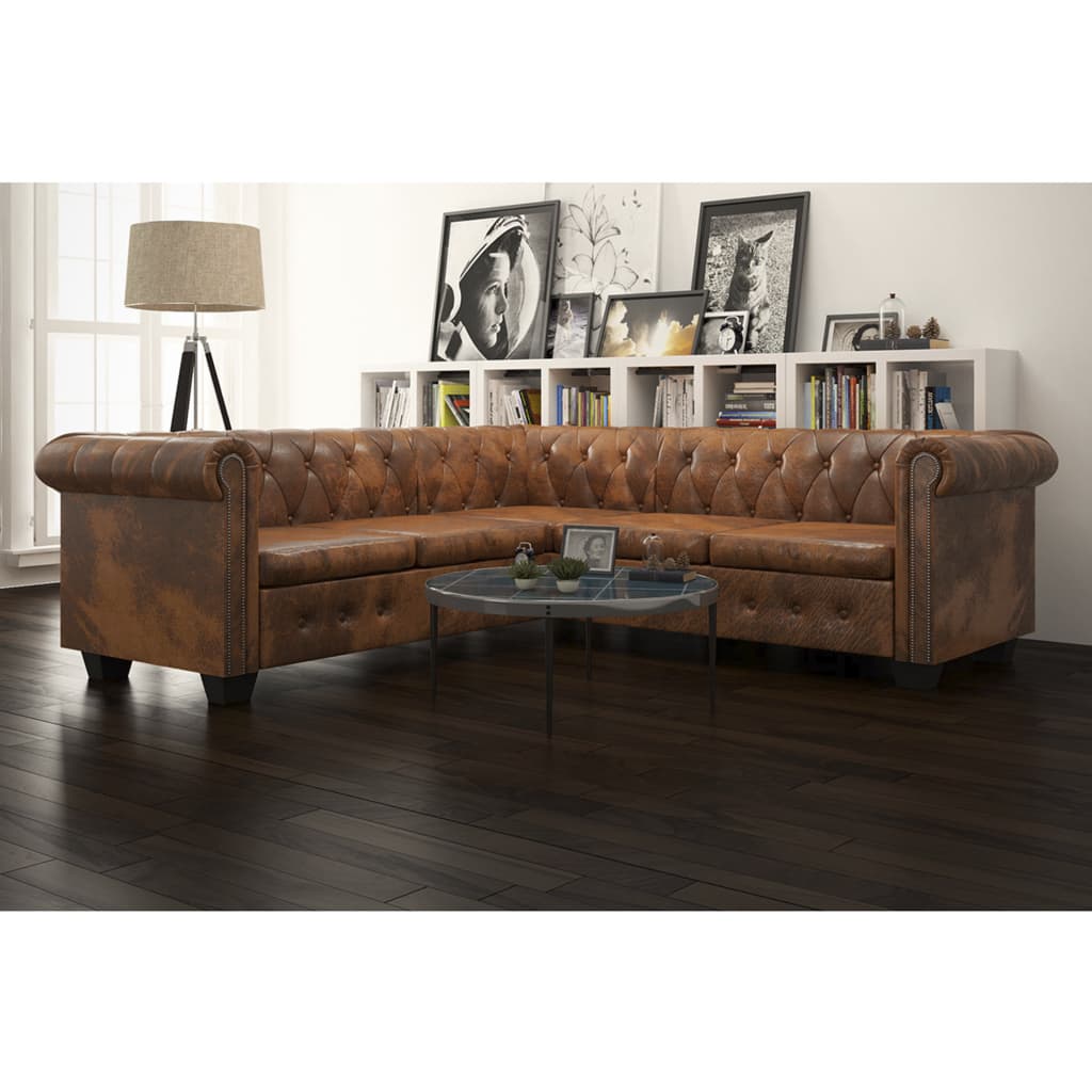 vidaXL Chesterfield Corner Sofa 5-Seater Brown Faux Leather