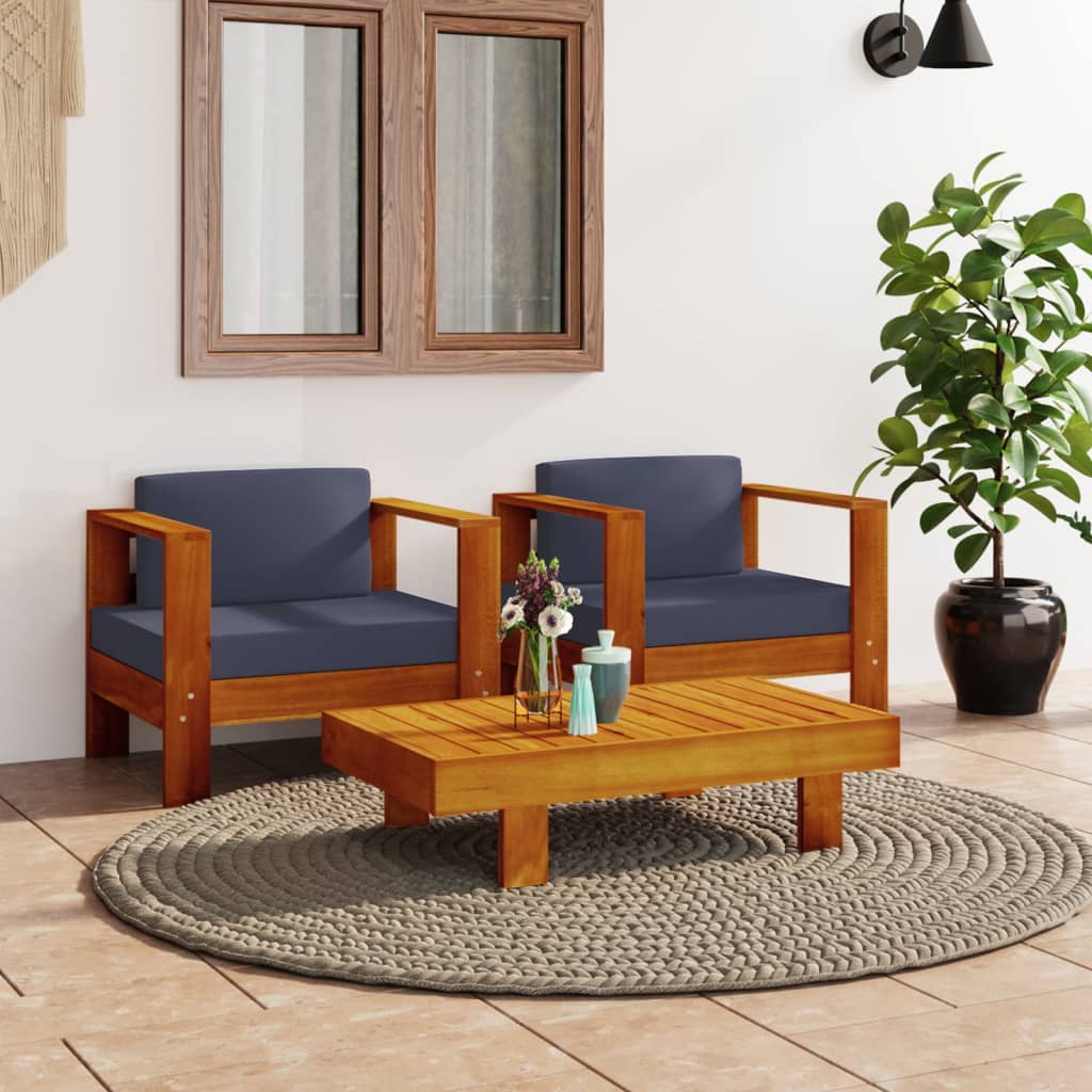 vidaXL 3 Piece Patio Lounge Set with Dark Gray Cushions Solid Wood