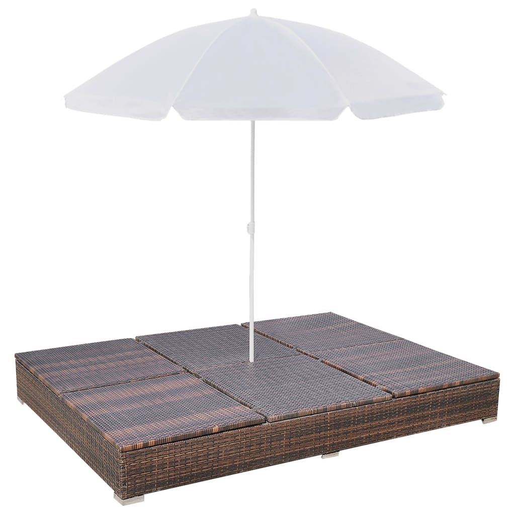 vidaXL Patio Lounge Bed with Umbrella Poly Rattan Brown
