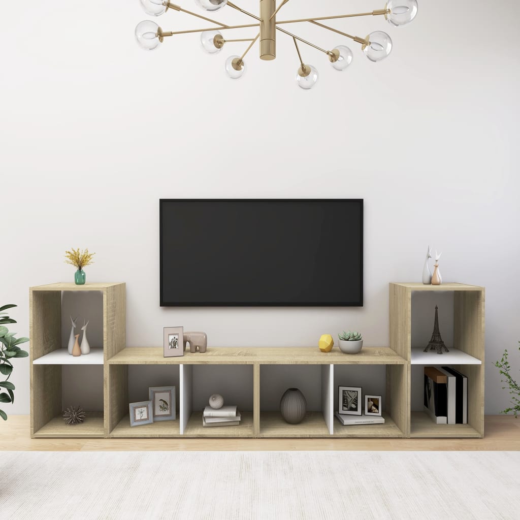 vidaXL TV Stands 4 pcs White and Sonoma Oak 28.3"x13.8"x14.4" Engineered Wood