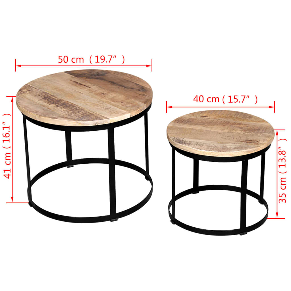 vidaXL Two Piece Coffee Table Set Rough Mango Wood Round 15.7"/19.7"