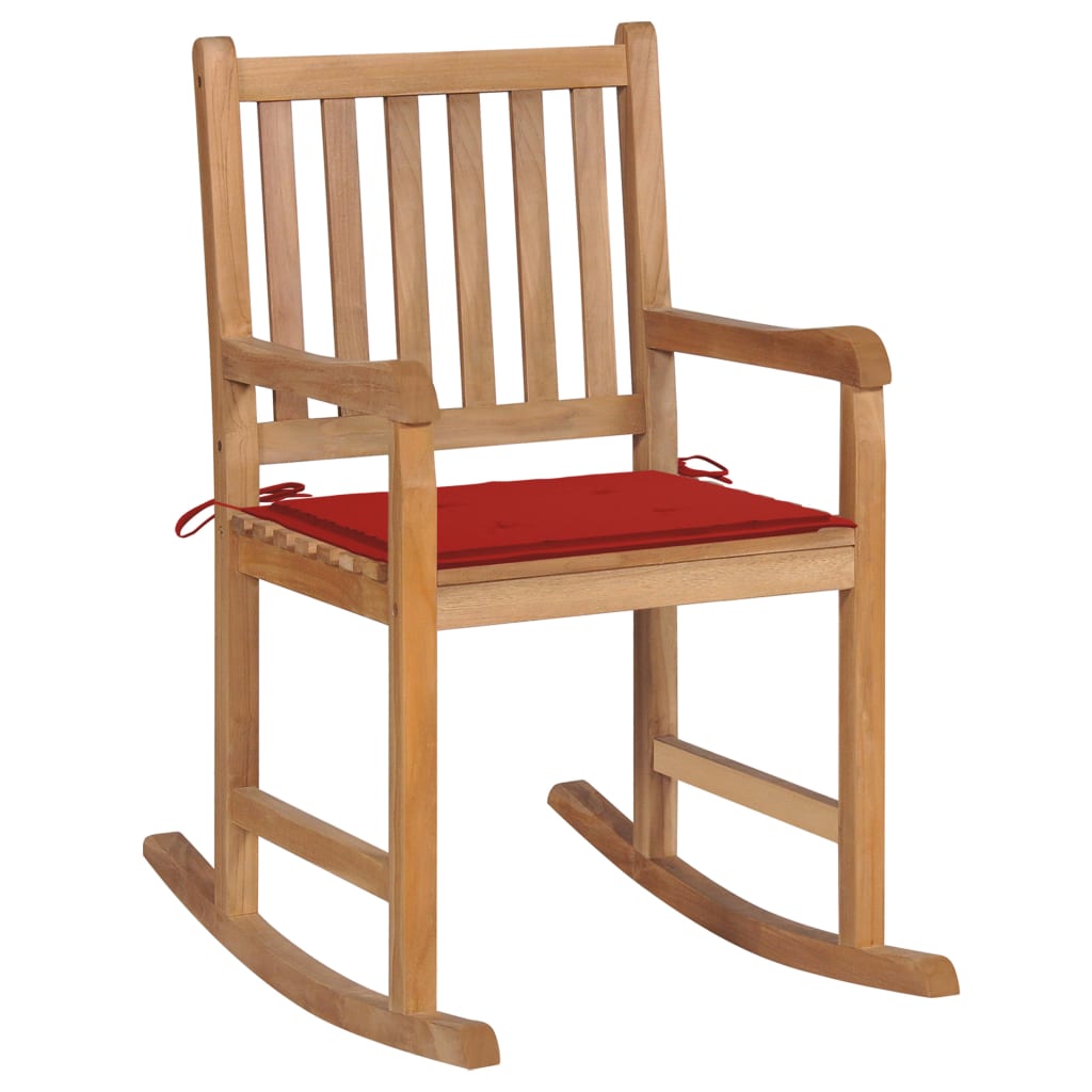 vidaXL Rocking Chair with Red Cushion Solid Teak Wood