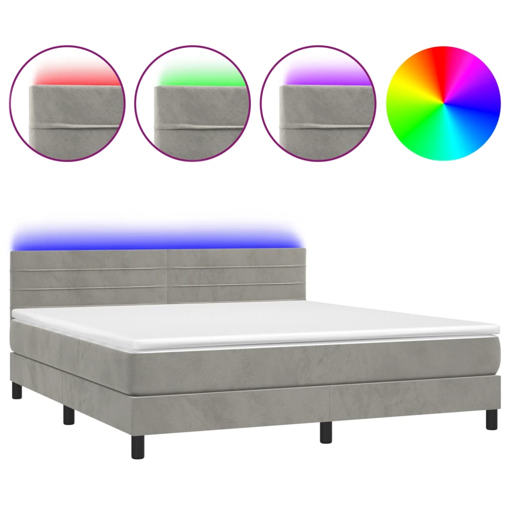 vidaXL Box Spring Bed with Mattress&LED Light Gray California King Velvet