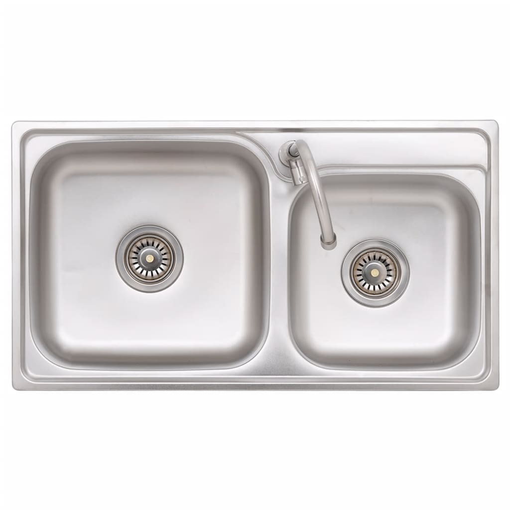 vidaXL Camping Sink Double Basins with Tap Stainless Steel