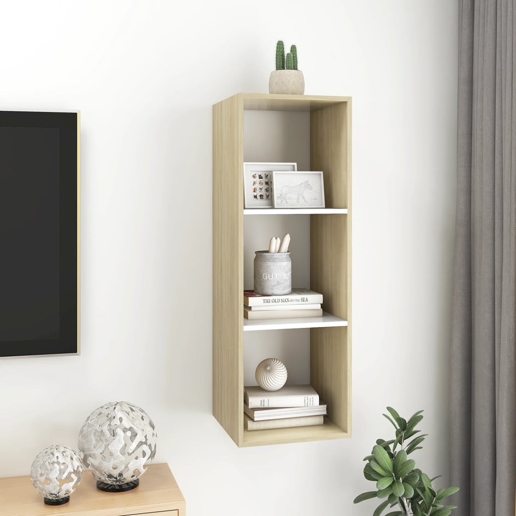 vidaXL Wall-mounted TV Cabinet Sonoma Oak and White 14.6"x14.6"x42.1" Chipboard