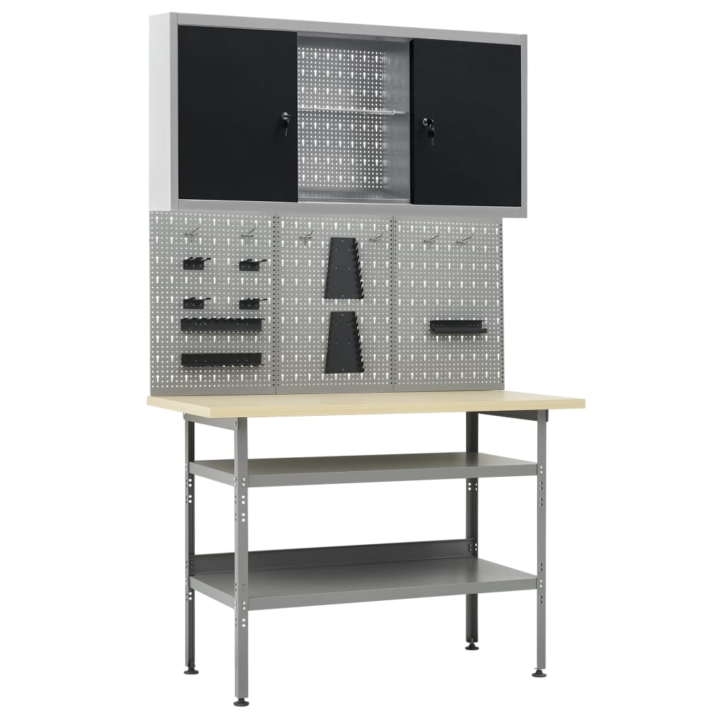 vidaXL Workbench with Three Wall Panels and One Cabinet