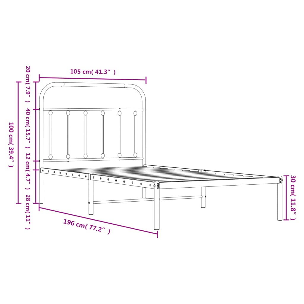 vidaXL Metal Bed Frame with Headboard Black 39.4"x74.8" Twin