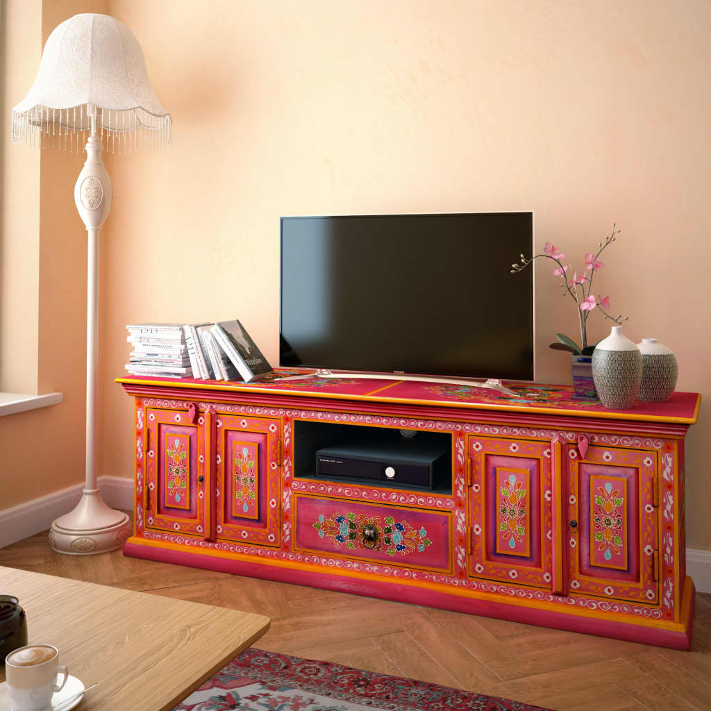 vidaXL TV Cabinet Solid Mango Wood Pink Hand Painted