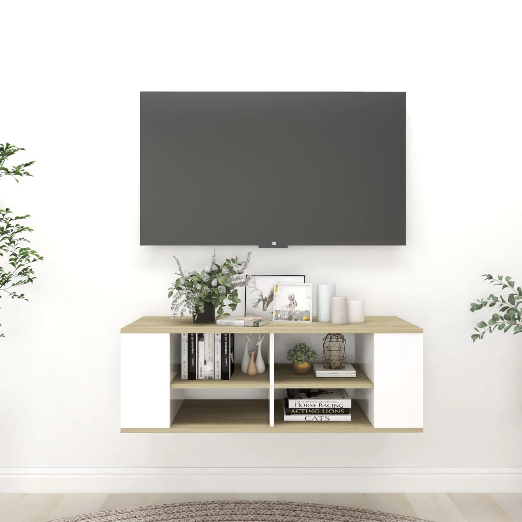 vidaXL Wall-Mounted TV Cabinet White&Sonoma Oak 40.2"x13.8"x13.8" Engineered Wood