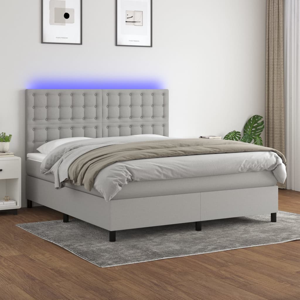 vidaXL Box Spring Bed with Mattress&LED Light Gray Queen Fabric