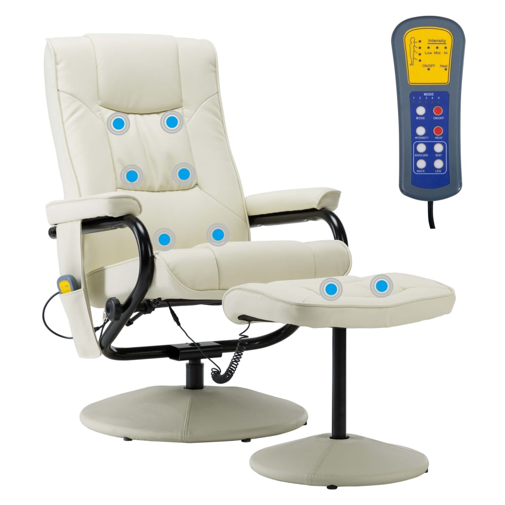 vidaXL Massage Recliner with Ottoman Cream Faux Leather