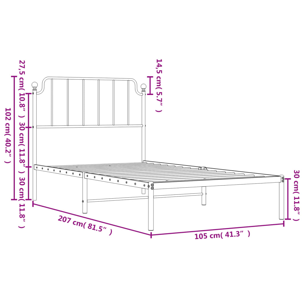 vidaXL Metal Bed Frame with Headboard White 39.4"x78.7"